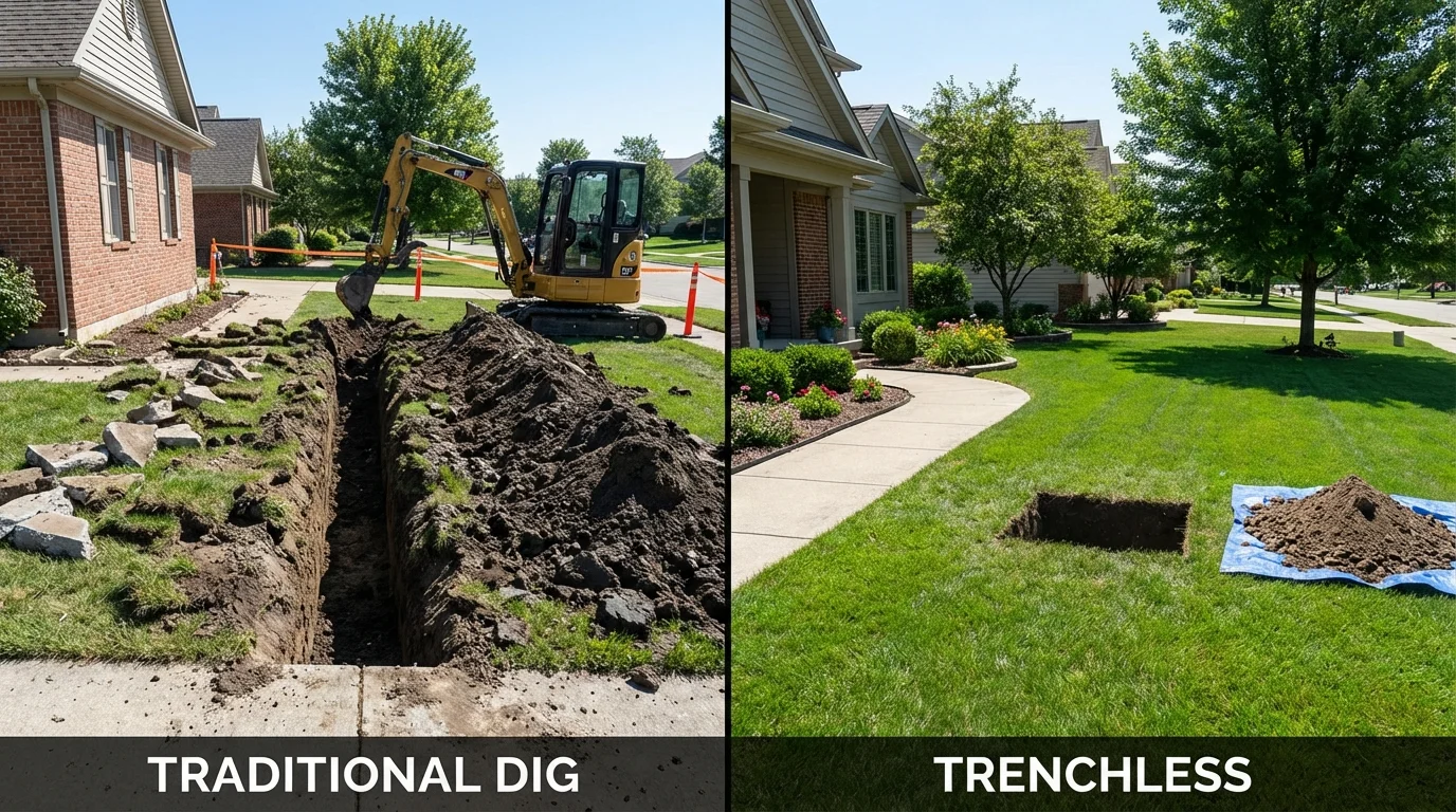 Trenchless sewer repair with minimal yard damage versus traditional excavation in Hansen, ID